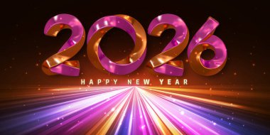 Yeni Yıl 2026 Canlı 3D Numaralar, Parlak Işıklar ve Karanlık Arkaplanda Geleceğin Işıkları ile Kutlama. Parti tasarımları ve posterleri için mükemmel. Vektör İllüstrasyonu.
