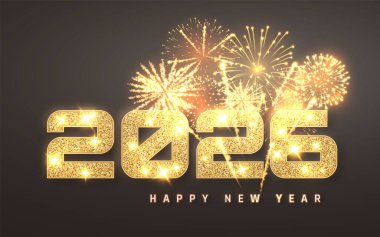 2026 Yeni Yılı Parlak Altın Numaralar, Havai fişekler ve Karanlık Arkaplan ile kutluyoruz. Bayramlık Parti Gecesi Sahnesi. Vektör İllüstrasyonu.
