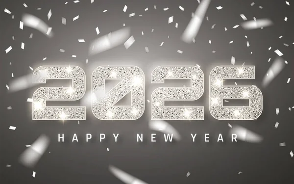 2026 Yeni Yıl Parlak Sayıları ile Karanlık Arkaplanda Parlak Konfeti. Şık ve Şenlikli Tatil Partisi Kutlamalar İçin Tasarım. Vektör İllüstrasyonu.