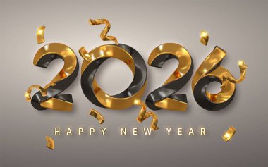 Lüks Altın ve Siyah Rakamlarla, Parlak Arkaplandaki Zarif Parti tipografisi, Şenlikli Tatil Stili Resimleriyle Mutlu Yıl 2026 Kutlaması.