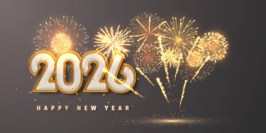 Yeni yılın kutlu olsun. Altın üç boyutlu numaralar ve karanlık arka planda parlak havai fişekler. Bayram Kutlaması Kutlama Kartı Tasarımı. Vektör İllüstrasyonu.