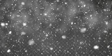 Noel karı. Şeffaf arkaplanda düşen kar taneleri. Kar yağışı. Vektör illüstrasyonu.