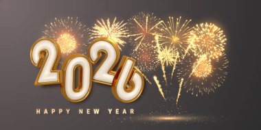 Yeni Yıl 2026 Altın 3D Numaralar ve Karanlık Arkaplan Havai fişekleriyle Kutlama, Bayram Partisi Kutlama Tasarımı, Vektör İllüzyonu.