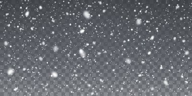 Noel karı. Şeffaf arkaplanda düşen kar taneleri. Kar yağışı. Vektör illüstrasyonu.