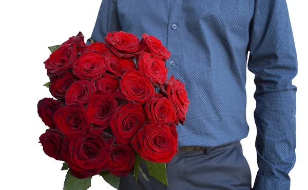 Człowiek Posiada Bukiet Ręku Czerwonych Róż Białym Tle Obraz — Zdjęcie stockowe