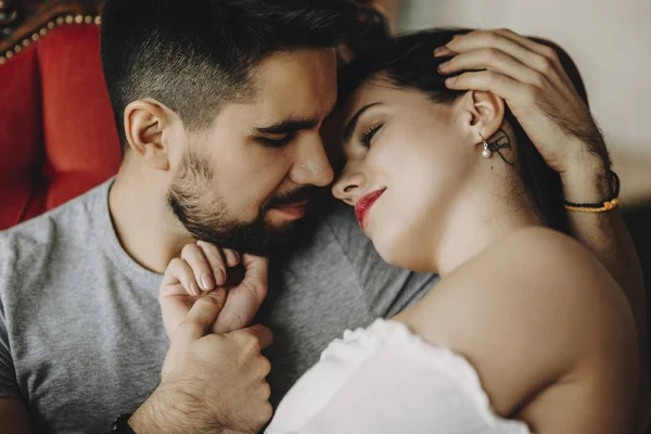 Close Portrait Sensual Couple Hugging — Stock Photo, Image