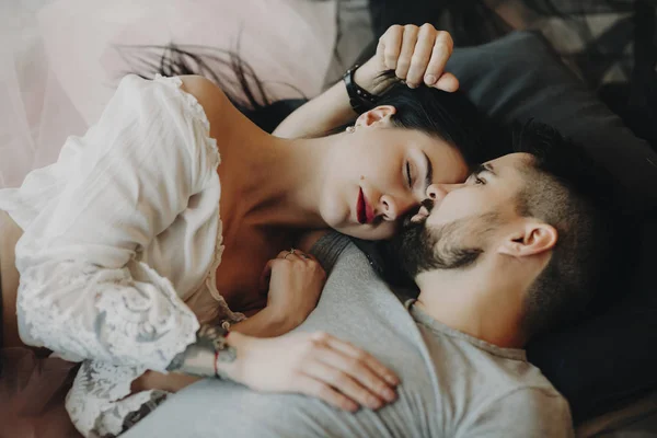 Attractive Adult Couple Hugging While Laying Bed Beautiful Man Kissing — Stock Photo, Image