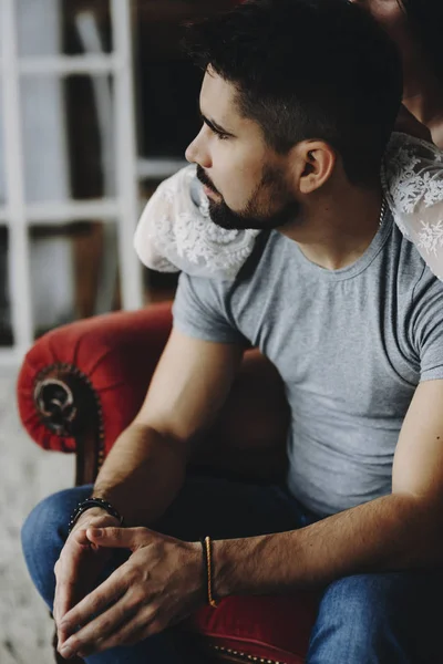 Attractive Bearded Adult Man Looking Away Seriously Sitting Armchair — Stock Photo, Image
