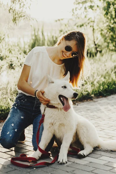 Gülümseyen ve tuğla yolda parkta yürüyüş sırasında güneşli günde otururken tatlı beyaz köpek sevişme çekici genç kadın