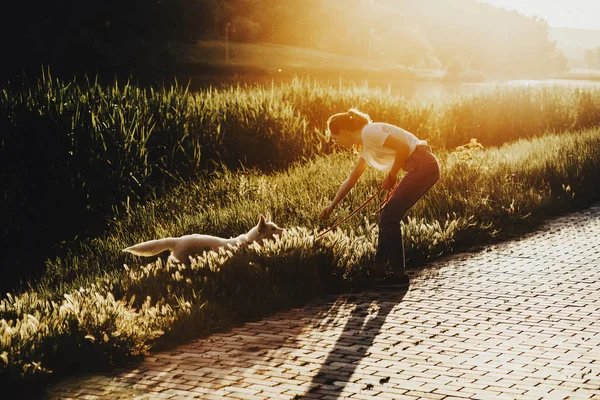 Sidovy Ung Kvinna Leker Med Rolig Hund Stående Park Gräs — Stockfoto