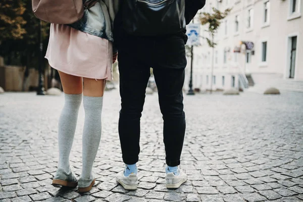 Crop Back View Modern Couple Backpacks Standing Cobblestone Pavement Street — Stock Photo, Image