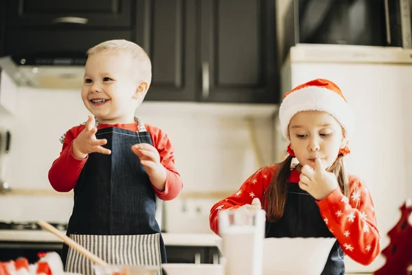 迷人的小男孩和女孩准备饼干面团 同时庆祝圣诞节假期 — 图库照片