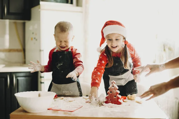Encantadores Niños Divierten Con Masa Galletas Mientras Cocinan Con Madre — Foto de Stock