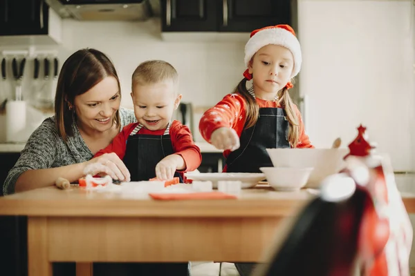 Donna Con Neonato Bambina Che Prepara Biscotti Natale Tutti Insieme — Foto Stock