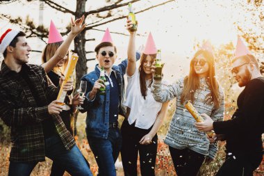 Bardak bira yetiştirme ve konfeti kraker kırsalında Noel kutlamaları sırasında patlayan çekici genç insanlar