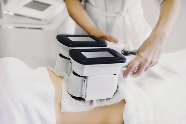 stock image Close up photo of cellulite treatment process made by a doctor in a salon.