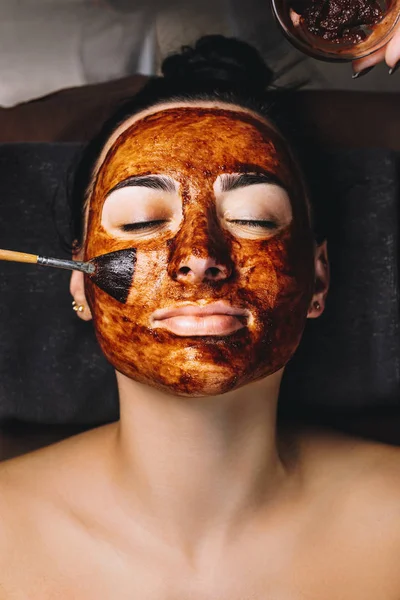 Upper View Young Girl Face Lying Spa Bed Closed Eyes — Stock Photo, Image