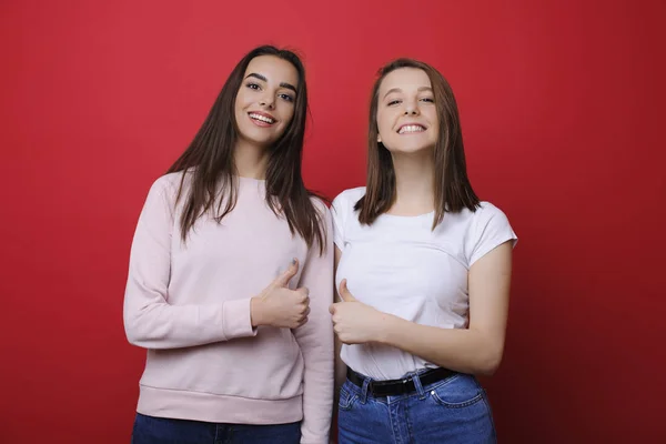 Porträt zweier hübscher junger Frauen, die lächelnd in die Kamera blicken — Stockfoto
