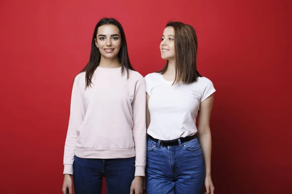 Zwei junge schöne Freundinnen isoliert auf einem roten Hintergrund, während — Stockfoto