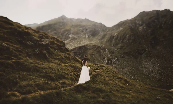 Vista Posteriore Tutta Lunghezza Una Splendida Sposa Sposo Che Salgono — Foto Stock