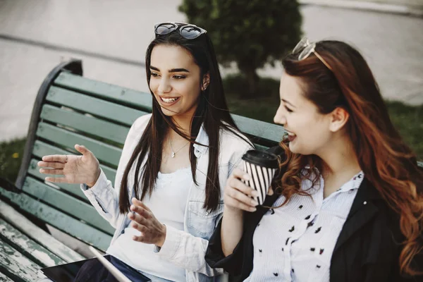 Schöne Junge Brünette Erklärt Ihrer Freundin Etwas Gestikulierend Während Eine — Stockfoto