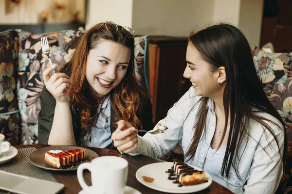 Two amazing caucasian woman sitting in a coffee shop smiling hav — Stock Photo, Image
