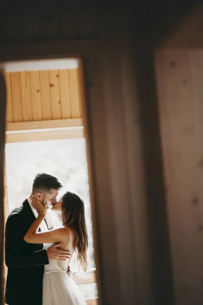 Vista lateral retrato de uma noiva encantadora e noivo beijando contra um — Fotografia de Stock