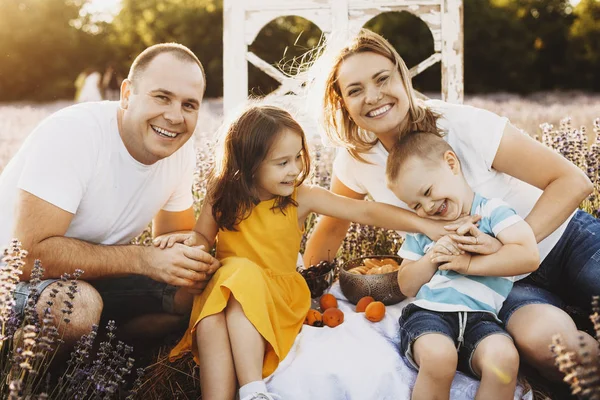 Portret van een mooie Kaukasische familie zittend in een lavendel f — Stockfoto