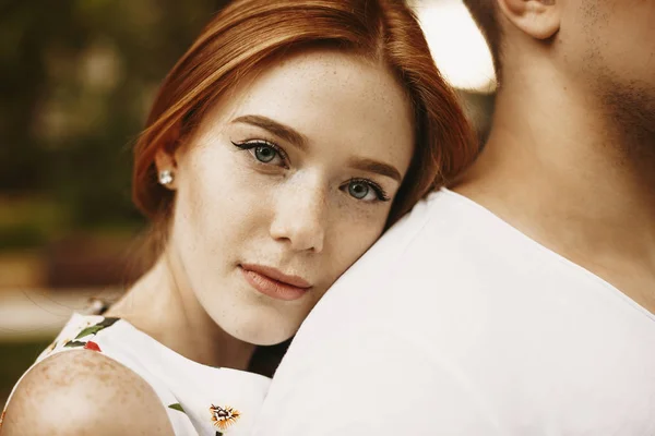 Close Portrait Charming Red Hair Woman Freckles Grey Eyes Looking — Stock Photo, Image