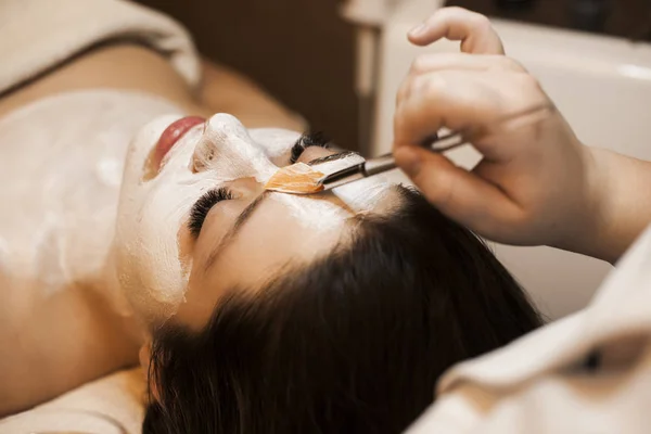 美容师手将白色护肤面罩涂在一个可爱的污垢上 — 图库照片