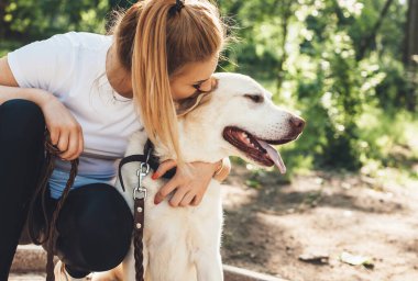 Güneşli bir yaz gününde, beyaz bir kadınla Golden Retriever 'ının parkta kucaklaşırken çekilmiş bir fotoğrafı.