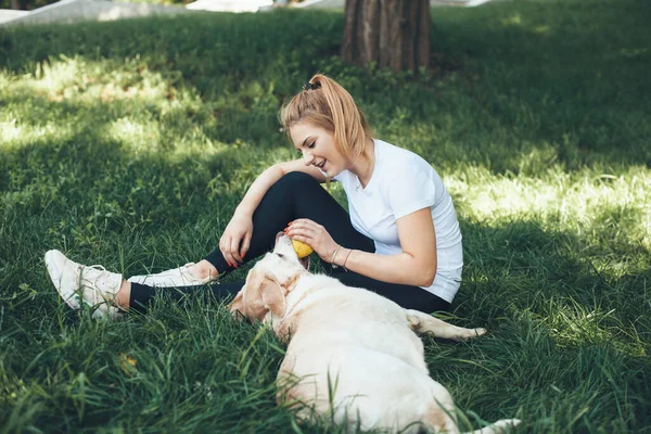 Szőke hölgy ül a füvön, és játszik az arany labradorával egy játékkal. — Stock Fotó