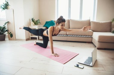 Spor giyim bölümündeki güzel genç bayan evde spor yapıyor ve dizüstü bilgisayarındaki özel derse bakıyor.