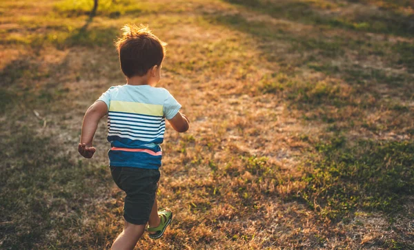 Kırsal kesimde bir yaz akşamı beyaz bir çocuk tarlada koşuyor. — Stok fotoğraf