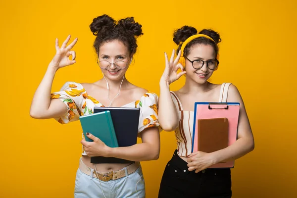 Gemelos de pelo rizado están haciendo gestos de la señal de bien con gafas con auriculares y la celebración de carpetas de la escuela en una pared de estudio amarillo — Foto de Stock