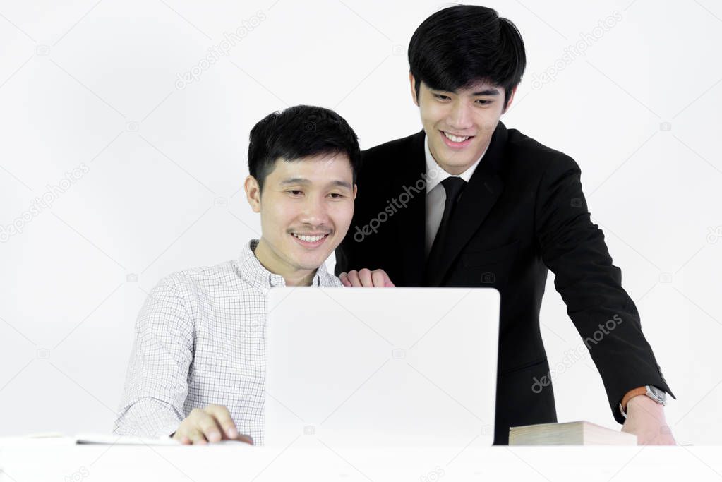 Asian manger businessman and employee salary man has working together with feeling happy and success, isolated on white background.