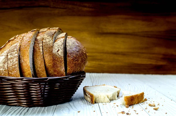 Sliced Pain Campagne Levain Bread Wicker Brown Wood Basket Bowl — Stock Photo, Image