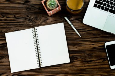 Kahverengi ahşap masa üzerinde bir kitap, kalem, kaktüs ve telefon var..