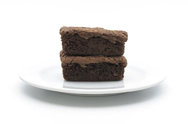 Brownie Chocolate Con Plato Aislado Sobre Fondo Whtie — Foto de Stock