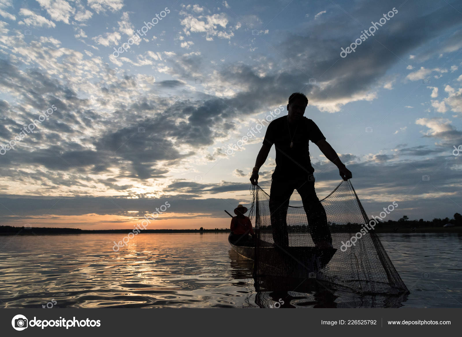 Silhouette Fishermen Throwing Net Fishing Sunset Time Wanon Niwat