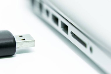 Siyah USB yalıtılmış ve beyaz arka planda kopyalama ve aktarım verileri için bilgisayar dizüstü bilgisayarda USB bağlantı noktasına takılı.