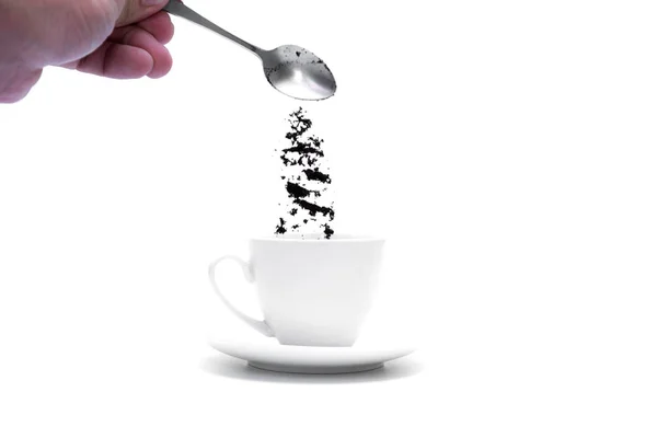 Verter Una Taza Poder Café Creando Con Cuchara Plata Aislada — Foto de Stock