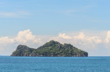 Sabahları mavi gökyüzünün altında deniz manzarası.