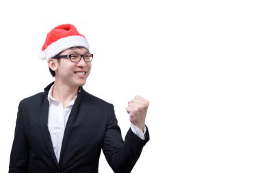 İşadamı, beyaz arka planda izole edilmiş Noel festivali temaları ile başarıya ulaştı.