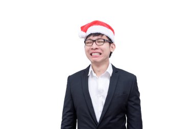 İş adamı hayal kırıklığına ve Noel Festivali Temalar ile ağlayan beyaz arka plan üzerinde izole.