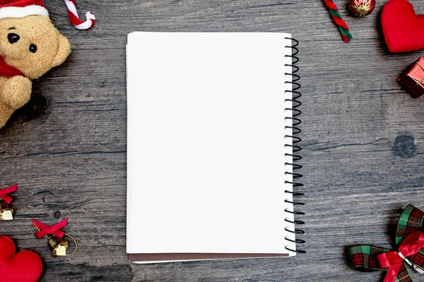 Christmas Bear White Book Top View Copy Space Brown Wooden — Stock Photo, Image