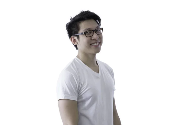 Ásia Bonito Homem Com Branco Camisa Laranja Óculos Tem Lado — Fotografia de Stock