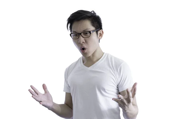 Ásia Bonito Homem Com Branco Camisa Laranja Óculos Tem Irritado — Fotografia de Stock