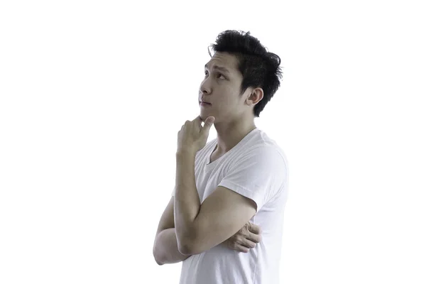 Aziatische Knappe Man Met Wit Overhemd Heeft Seriuosly Denken Voor — Stockfoto