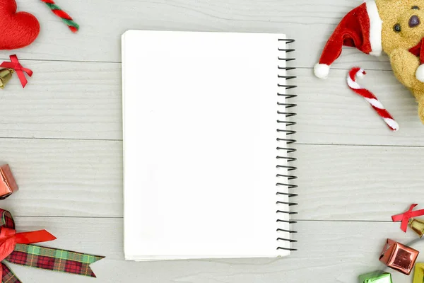 Christmas Bear White Book Top View Copy Space White Wooden — Stock Photo, Image